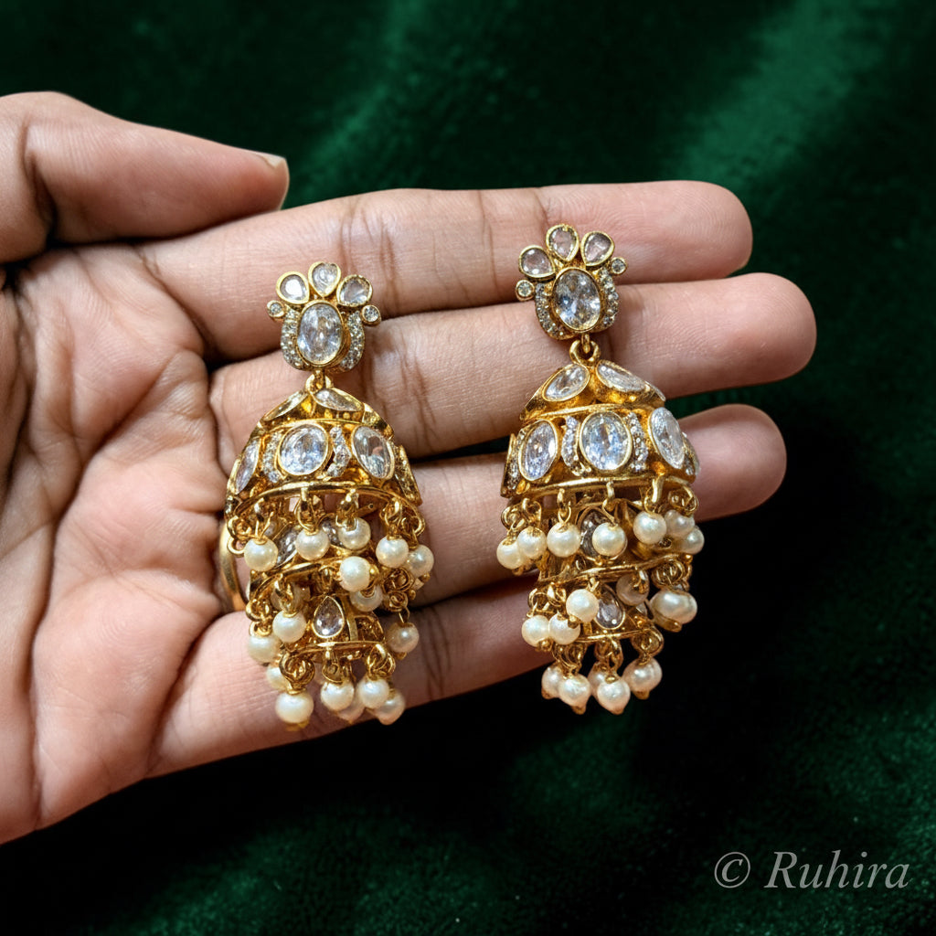 CZ Three-Layer Jhumka with Pearl Cluster Drops