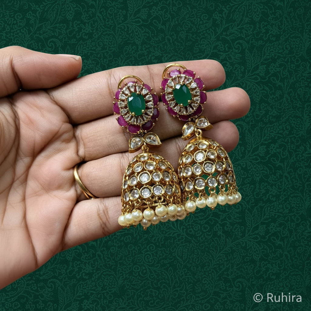 Ruby Emerald Polki Jhumka with Pearl Drops