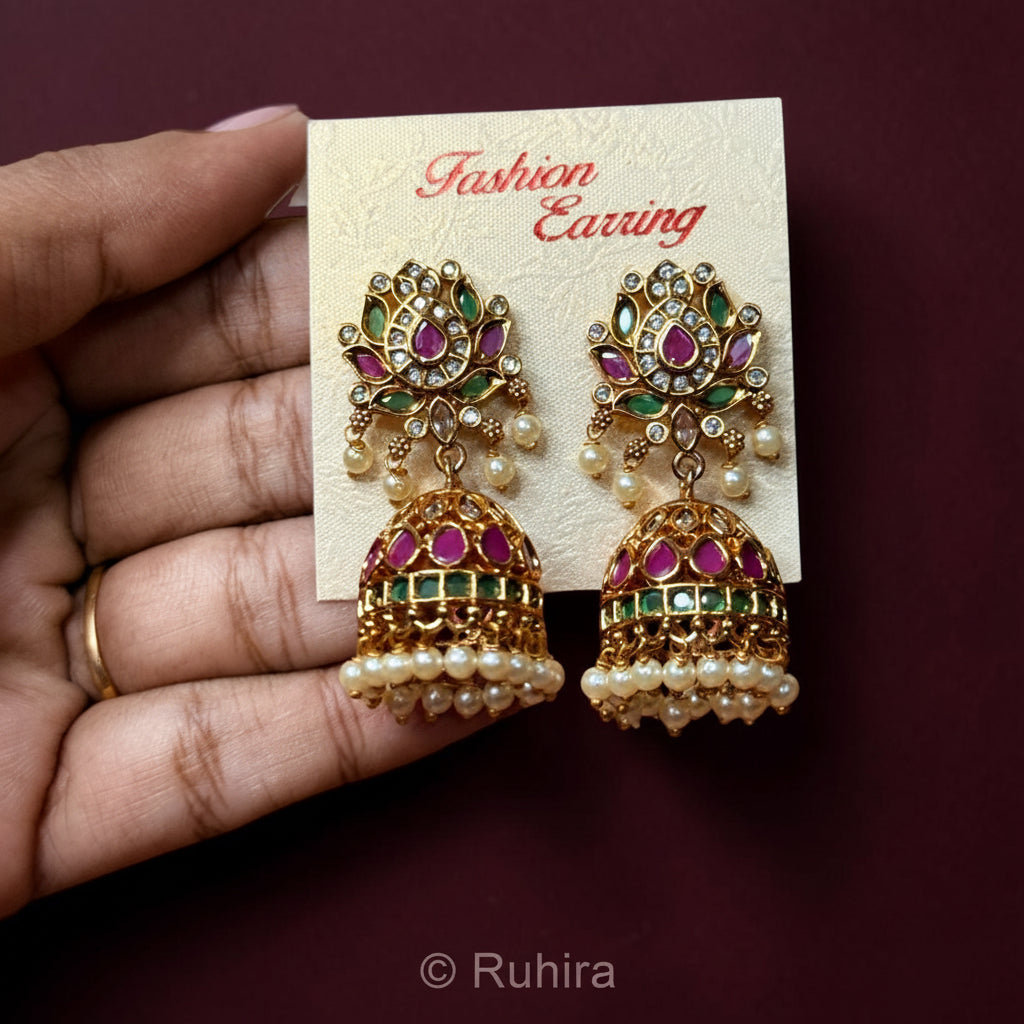 Ruby Emerald Kemp Jhumka Earrings