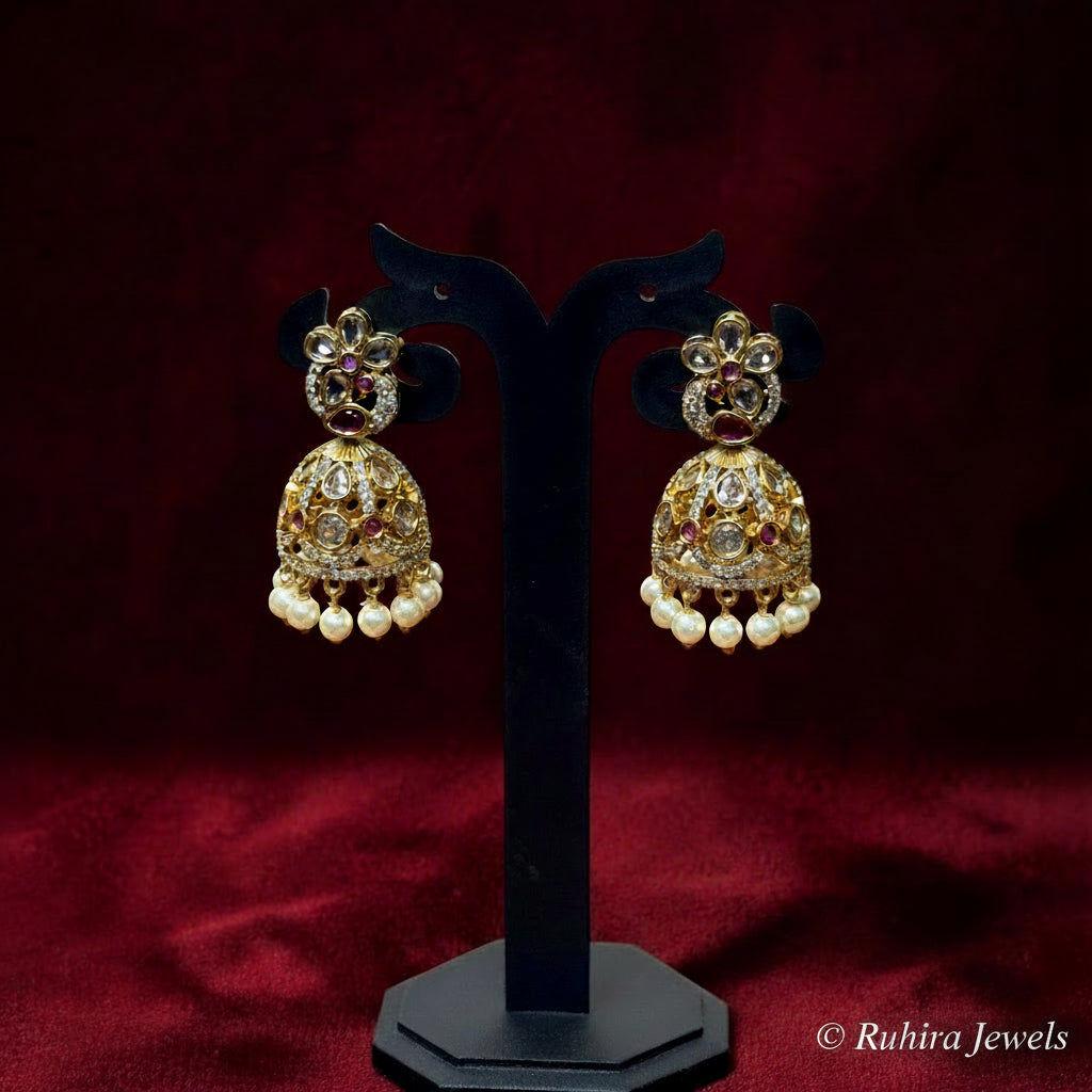 Ruby Kundan Jhumka with Pearl Drops
