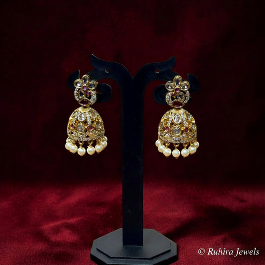 Ruby Kundan Jhumka with Pearl Drops