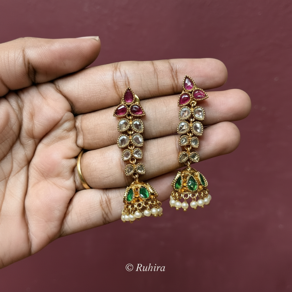 Polki Emerald Long Jhumka Earrings