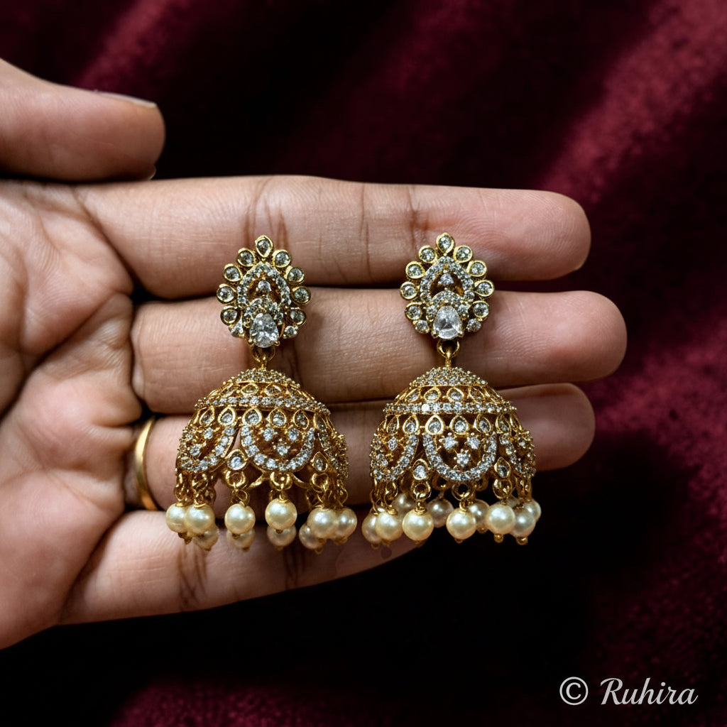 CZ Studded Jhumka with Pearl Drops