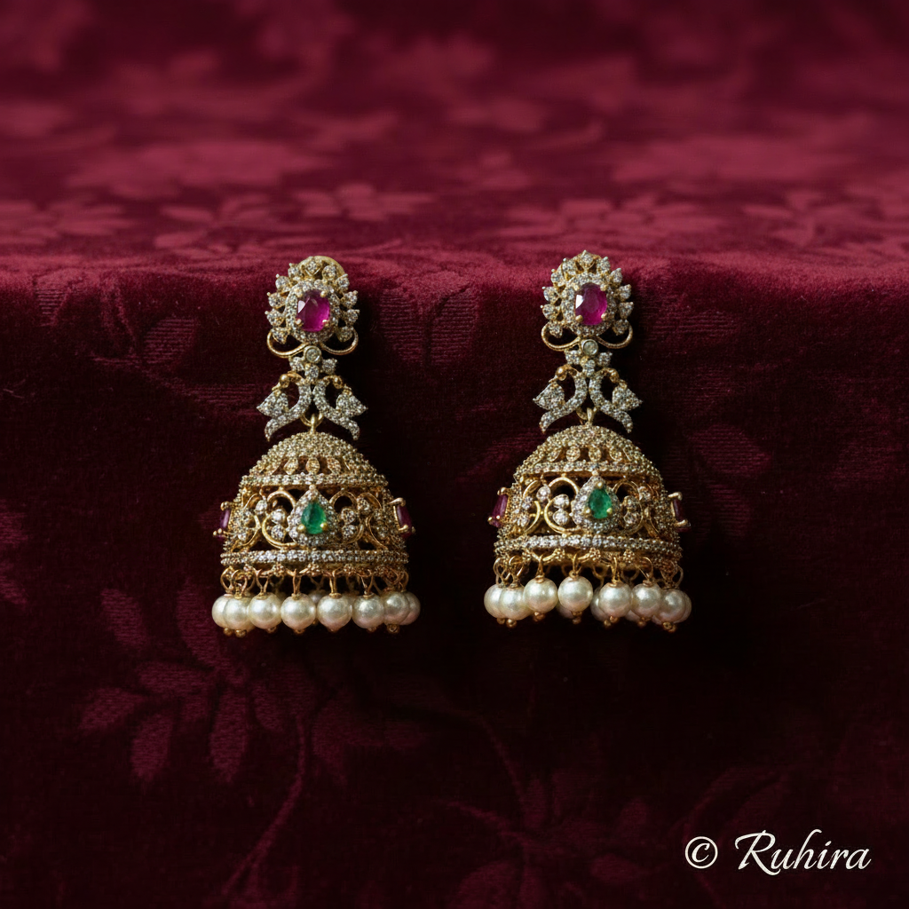 Ruby Emerald CZ Jhumka with Pearl Drops