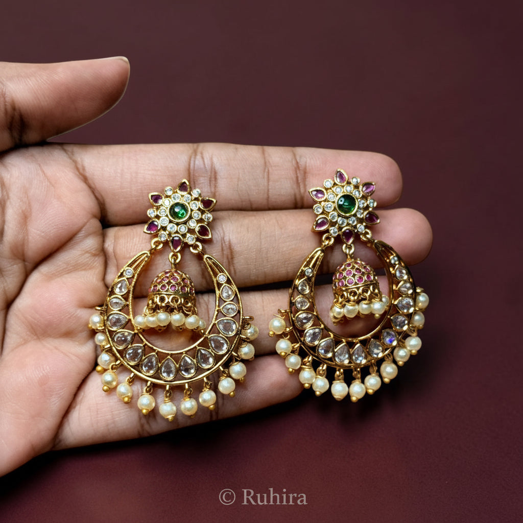 Ruby Kundan Chandbali Jhumka Earrings