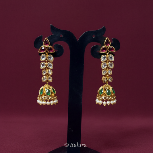 Polki Emerald Long Jhumka Earrings