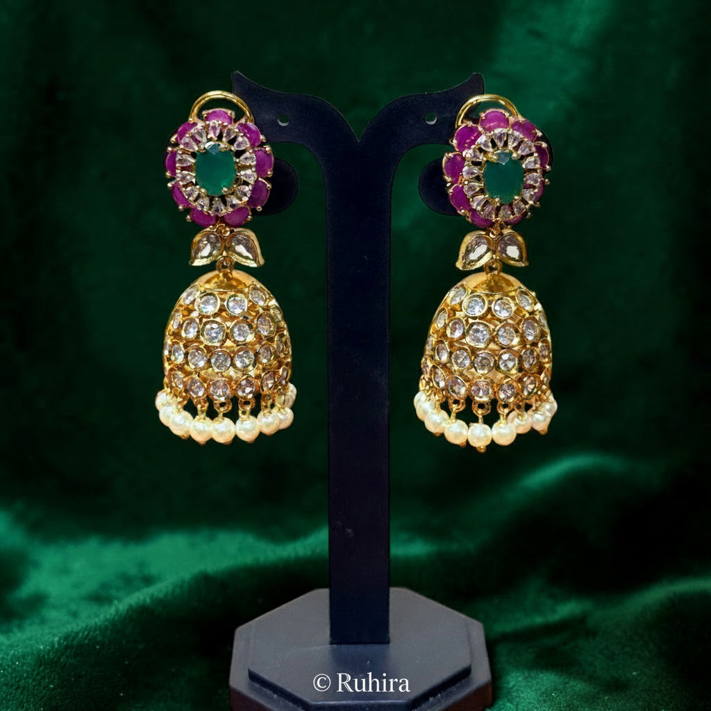 Ruby Emerald Polki Jhumka with Pearl Drops