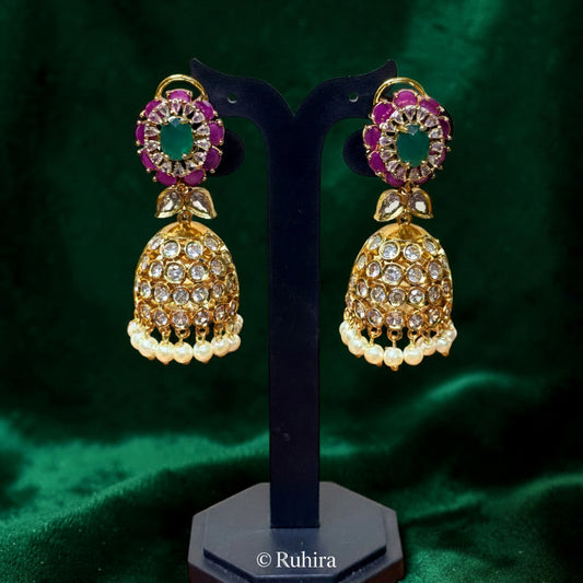 Ruby Emerald Polki Jhumka with Pearl Drops