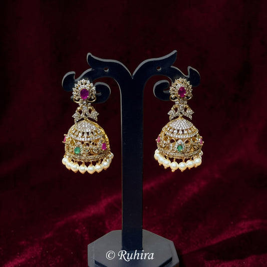 Ruby Emerald CZ Jhumka with Pearl Drops