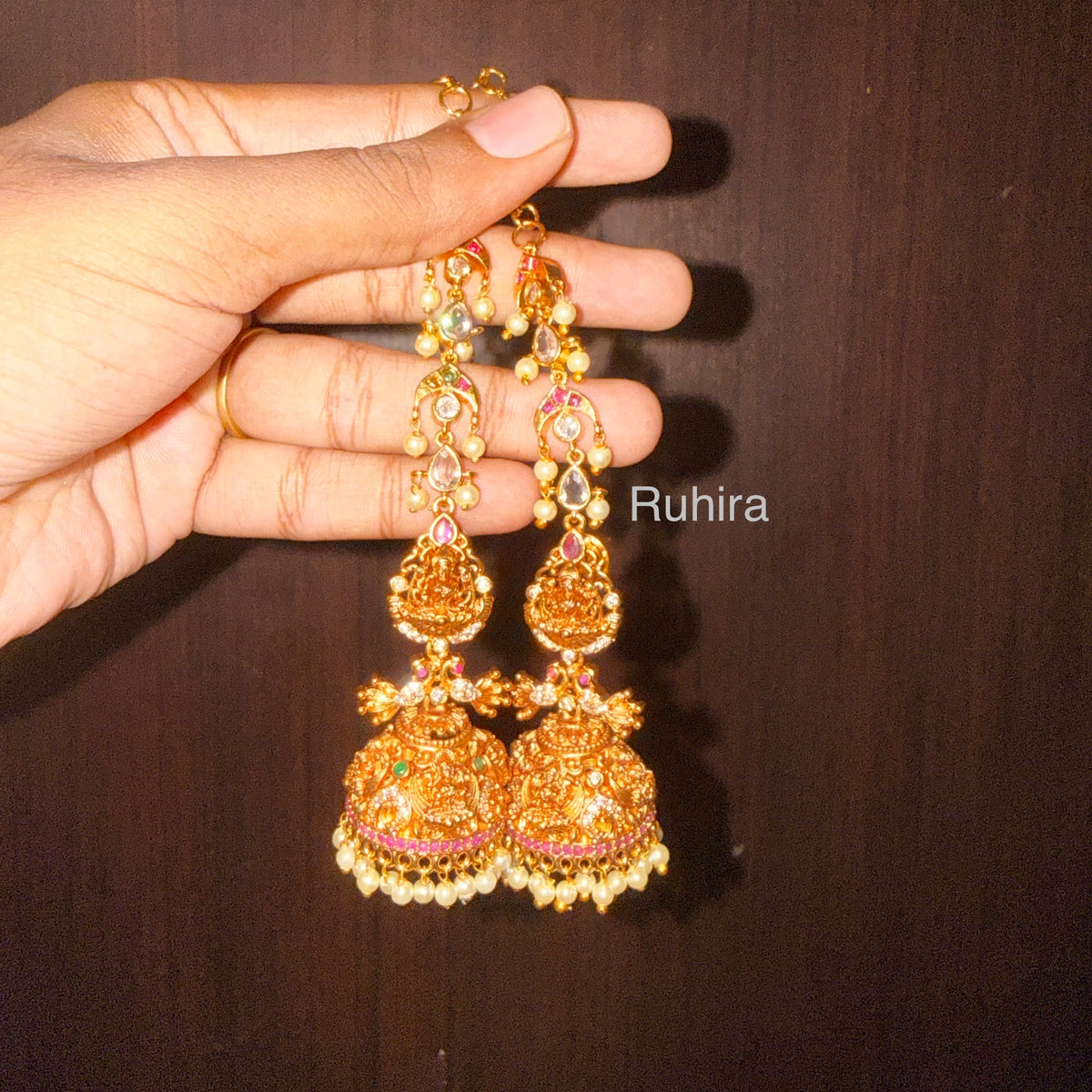 Antique Temple Pearl Earrings with Earchains