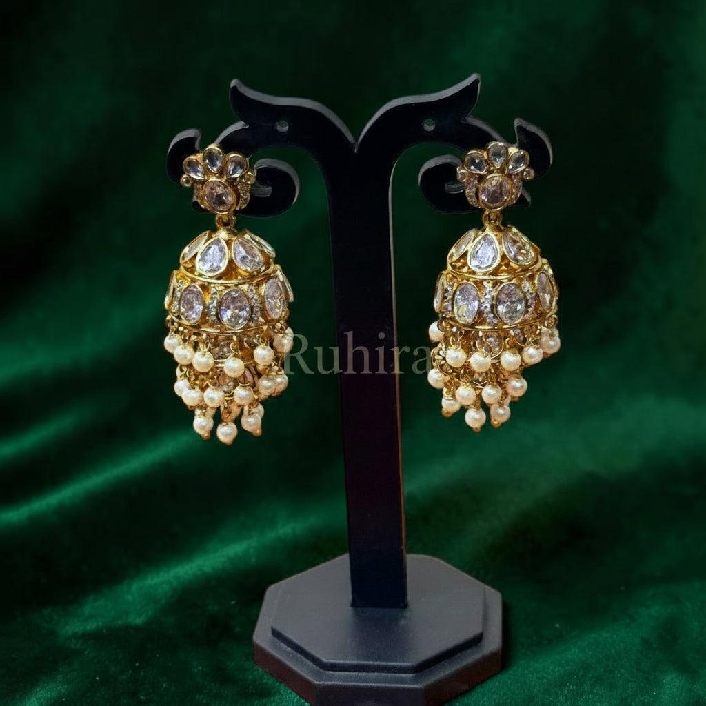 CZ Three-Layer Jhumka with Pearl Cluster Drops