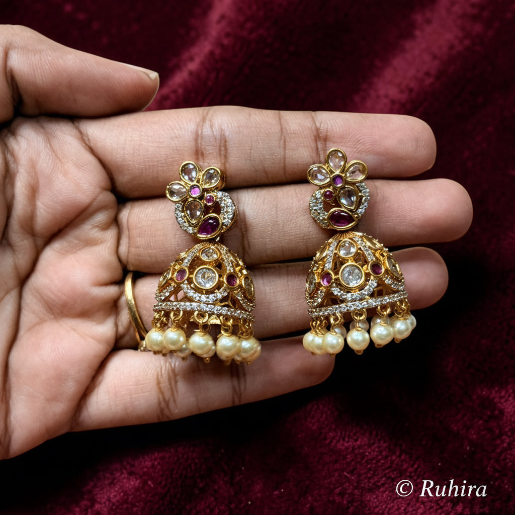 Ruby Kundan Jhumka with Pearl Drops