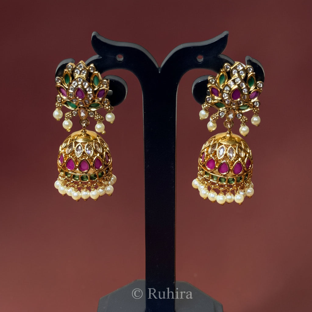 Ruby Emerald Kemp Jhumka Earrings