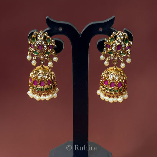 Ruby Emerald Kemp Jhumka Earrings