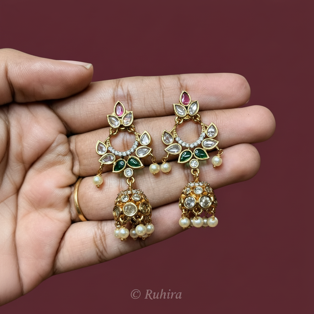 Polki Kundan Chandbali Jhumka Earrings