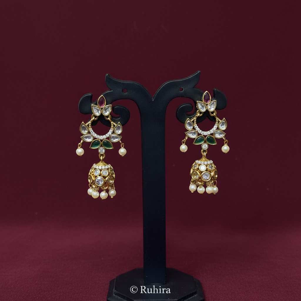 Polki Kundan Chandbali Jhumka Earrings
