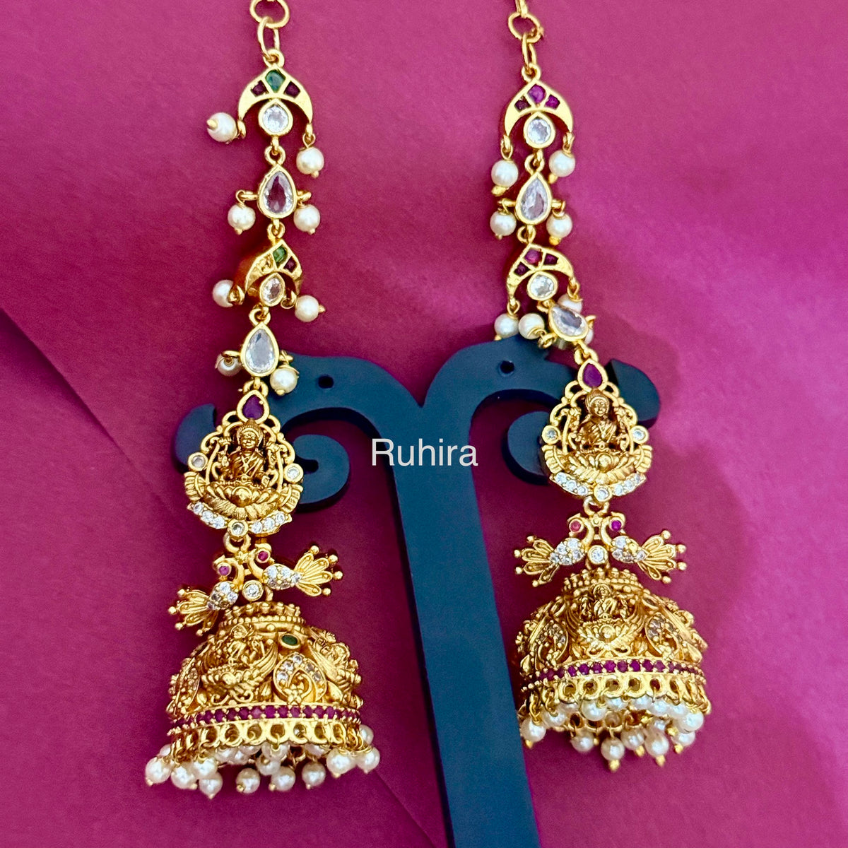 Antique Temple Pearl Earrings with Earchains