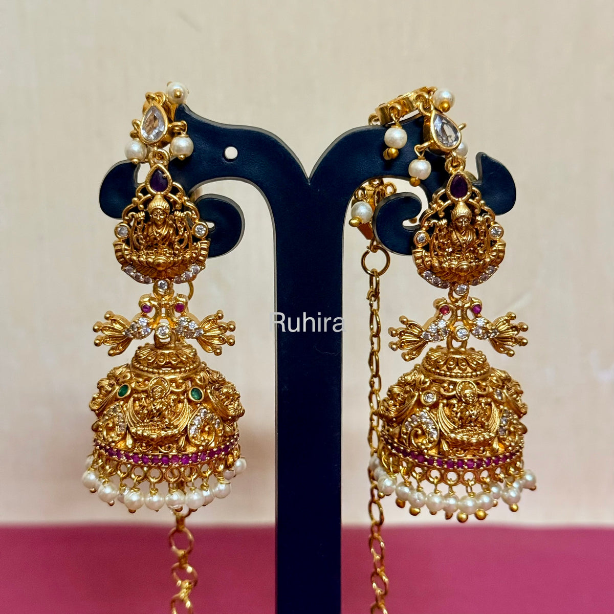 Antique Temple Pearl Earrings with Earchains